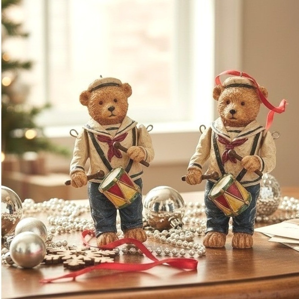 Vintage Sailor Bear Drummer Ornaments, Articulated Arms, Lot of 2, Bethany Lowe